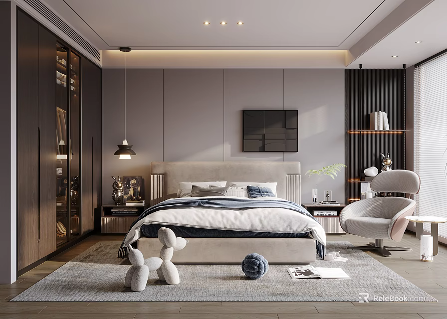 Modern Bedroom Interior With Cozy Bed TV Bookshelf Accent Chair Plush Toys And Rug 3d model 