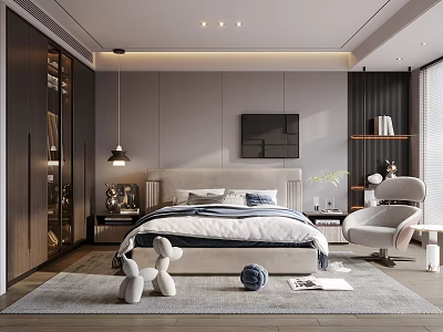 Modern Bedroom Interior With Cozy Bed TV Bookshelf Accent Chair Plush Toys And Rug 3d model
