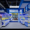 Modern Mall Shop Interior With Claw Machines Blue White Decor And Game Displays