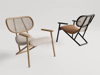 Contemporary Leisure Chairs With Wooden Frame Woven Backrest Black Metal Structure And Padded Seats 3d model