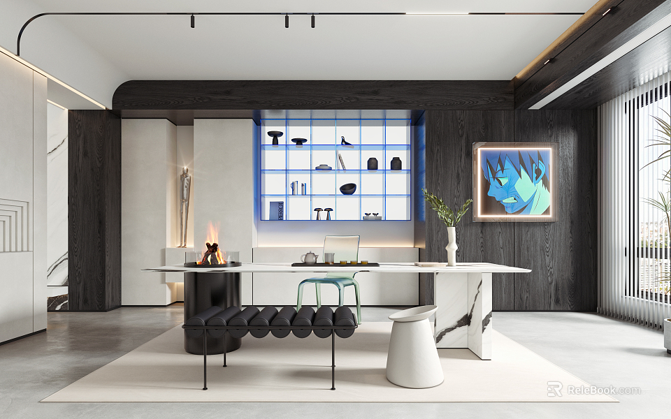 Modern Tea Room Interior Design With Wooden Walls White Shelves Tea Sets Table Chairs And Artwork 3d model 