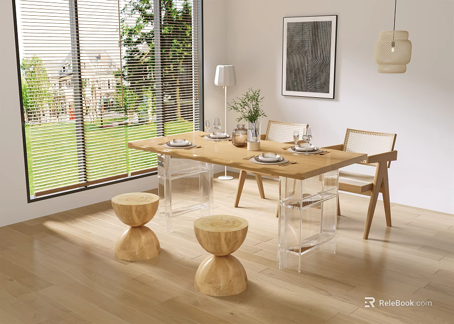 Modern Wooden Dining Table Set with Chairs Stools and Vase in Sunlit Room 3d model 