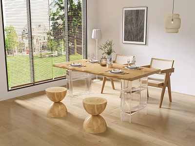 Modern Wooden Dining Table Set with Chairs Stools and Vase in Sunlit Room 3d model