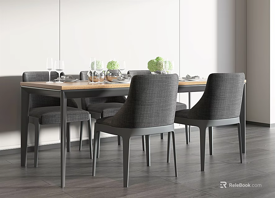 Modern Minimalist Dining Table Set With Gray Chairs And Wooden Tabletop 3d model
