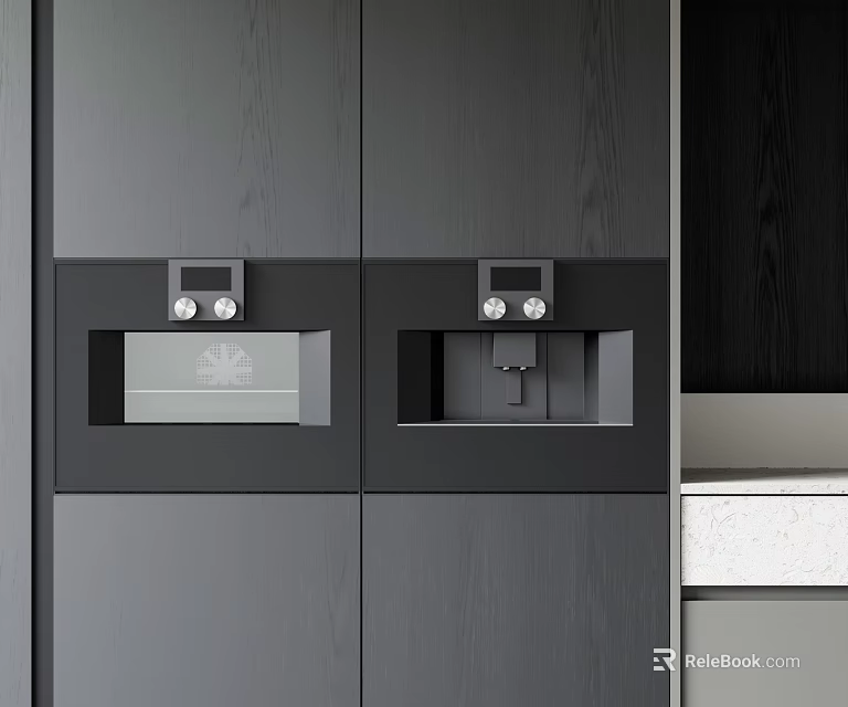 Built In Kitchen Appliances In Dark Wood Grain Black Cabinets With White Countertop 3d model 