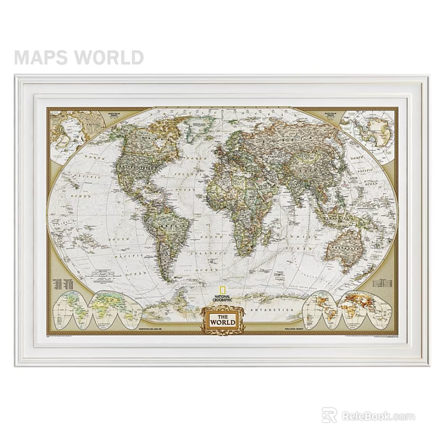 Framed World Map With Vintage Style Detailed Geographic Design For Home Wall Decor 3d model 