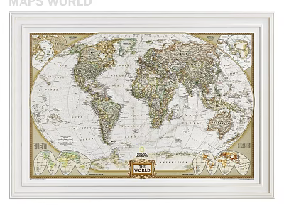 Framed World Map With Vintage Style Detailed Geographic Design For Home Wall Decor 3d model