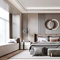 Modern Bedroom Interior With Large Bed Nightstands Circular Decor Wardrobe And Floor to Ceiling Window
