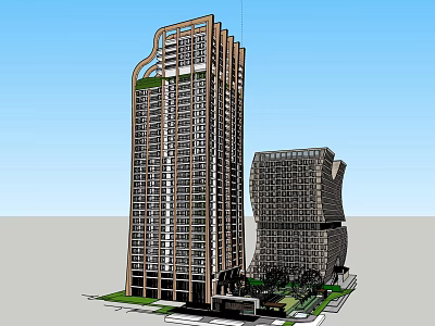 Modern Commercial Complex with Tall Buildings Unique Architectural Design Green Area And Entrance Plaza 3d model