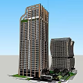 Modern Commercial Complex with Tall Buildings Unique Architectural Design Green Area And Entrance Plaza