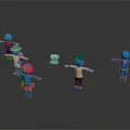 Blue Humanoid Characters And Creatures With Various Costumes Hat Wearing Uniforms And Surrounding Small Objects