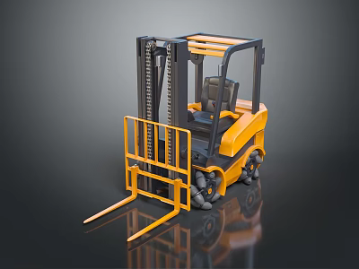 Industrial Yellow Forklift With Cab Lifting Forks And Reflective Surface 3d model