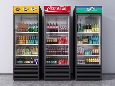 Three Commercial Display Refrigerators Stocked With Assorted Drinks And Brand Logos 3d model