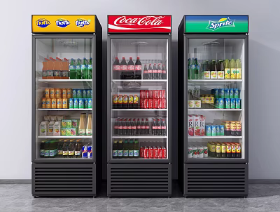 Three Commercial Display Refrigerators Stocked With Assorted Drinks And Brand Logos 3d model