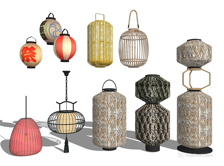Various Decorative Lanterns With Colorful Woven Patterns And Geometric Shapes 3d model 
