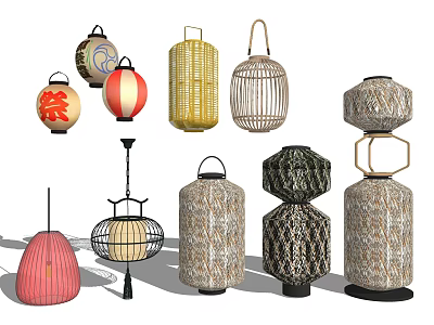 Various Decorative Lanterns With Colorful Woven Patterns And Geometric Shapes 3d model