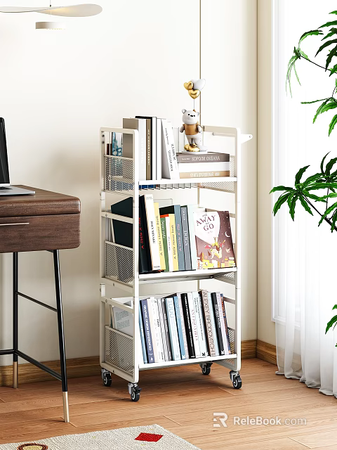 White Multi Tier Bookshelf With Various Books And Magazines In Home Room Corner 3d model 