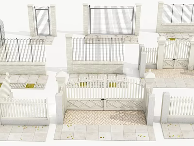 White Building Exterior Fence Designs With Iron Gates Wooden Pickets and Stone Bases 3d model
