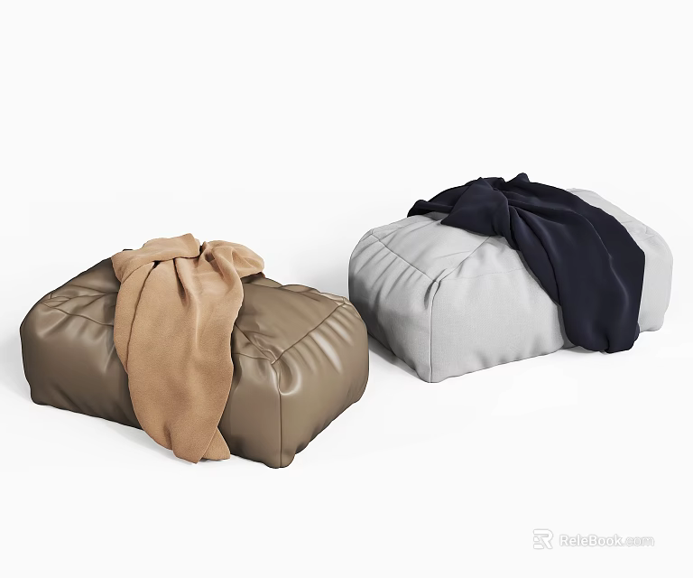 Brown And Gray Padded Ottomans With Cozy Blankets For Home Living Comfort 3d model 