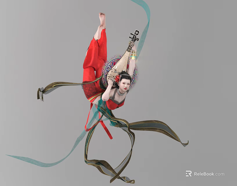 A Woman in Red Traditional Costume Gracefully Dancing with Pipa and Flowing Ribbons 3d model 