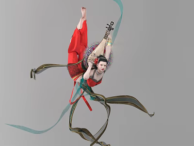 A Woman in Red Traditional Costume Gracefully Dancing with Pipa and Flowing Ribbons 3d model