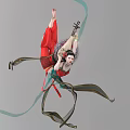 A Woman in Red Traditional Costume Gracefully Dancing with Pipa and Flowing Ribbons
