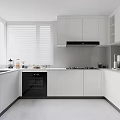 Modern Kitchen Interior With White Cabinets Black Oven Range Hood Window Blinds And Countertop Appliances