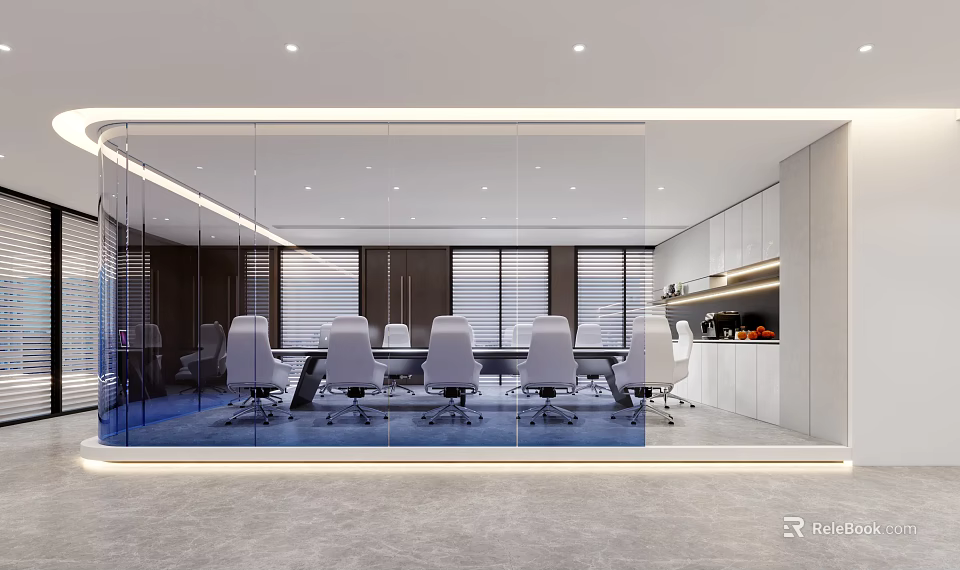 Modern Conference Room Interior With Glass Walls White Chairs Long Table And Window Blinds 3d model 
