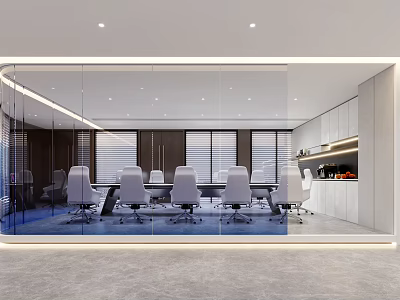 Modern Conference Room Interior With Glass Walls White Chairs Long Table And Window Blinds 3d model