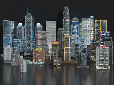 Cartoon City Night Scenery With Tall Illuminated Buildings And Water Reflection 3d model
