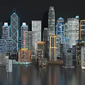 Cartoon City Night Scenery With Tall Illuminated Buildings And Water Reflection