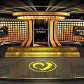 Gold And Black Round Stage Design With Bright Lighting And Display Screens