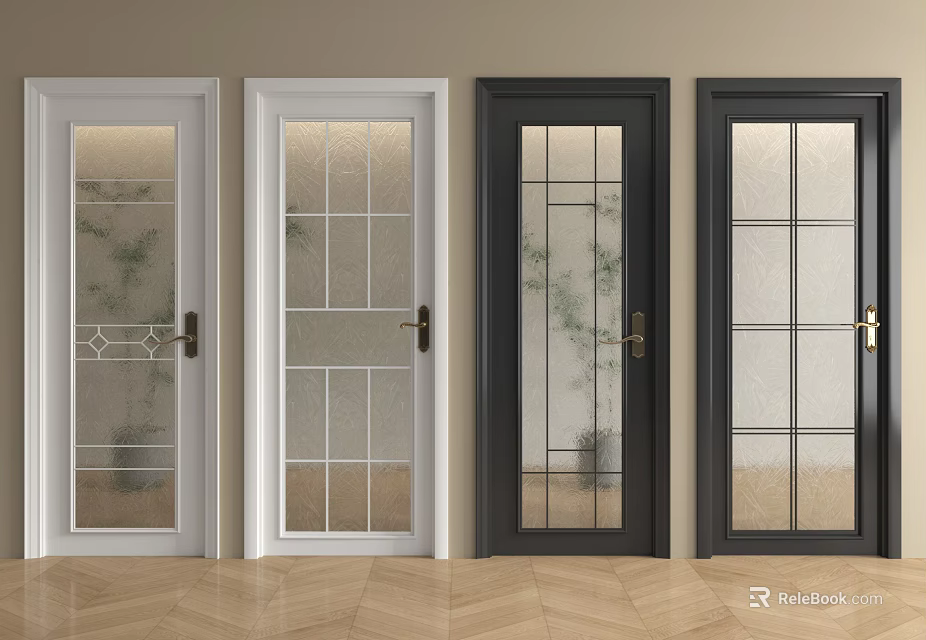 Interior Hinged Doors With White Black Frames And Decorative Glass Panels 3d model 