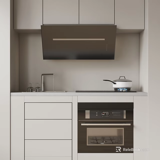 Modern Kitchen Interior Design With Cabinets Range Hood Cooktop Oven And Appliances 3d model 