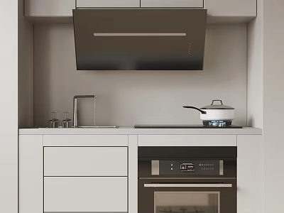 Modern Kitchen Interior Design With Cabinets Range Hood Cooktop Oven And Appliances 3d model