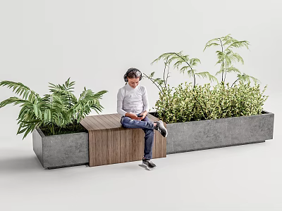 Outdoor Landscape Seat With Wooden Surface And Concrete Planters Surrounded By Green Plants 3d model