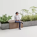 Outdoor Landscape Seat With Wooden Surface And Concrete Planters Surrounded By Green Plants