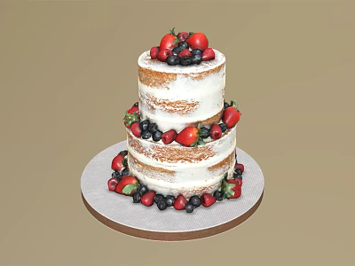 Two Tiered Naked Cake Decorated With Fresh Strawberries And Blueberries On Round Platter 3d model
