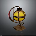 Vintage Copper Lantern Furniture With Yellow Glass Shade Red Decorative Band And Pedestal Base