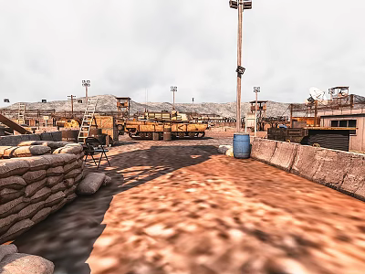Desert Military Base Scene With Sandbags Streetlights Yellow Vehicles Containers Distant Mountains And Gray Sky 3d model