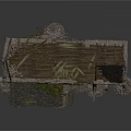Ruined Stone Building Structure Featuring Damaged Roof Wooden Beams And Grass Growth