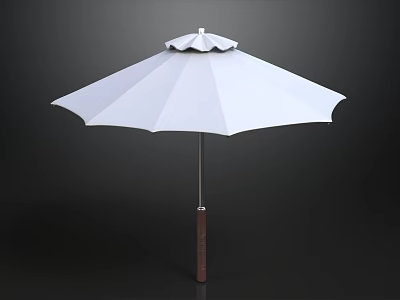 White Outdoor Umbrella With Wooden Handle And Open Canopy Against Dark Background 3d model