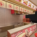 Modern Mall Snack Shop with Red Decor Display Counter Stools and Food Posters