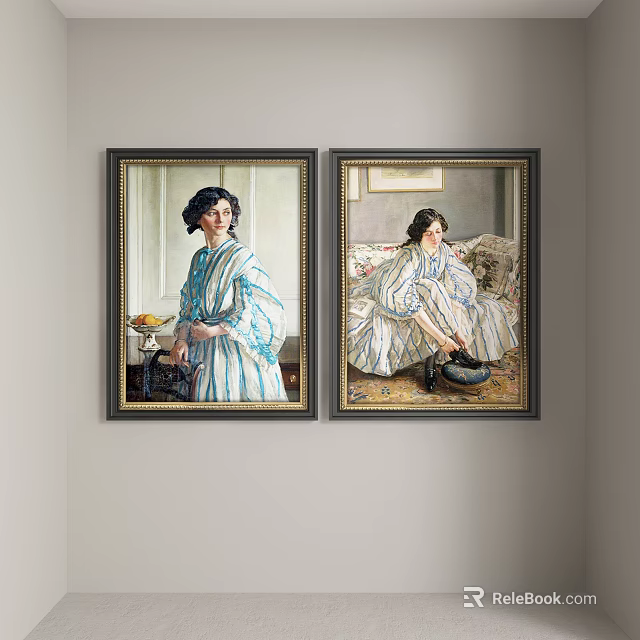 Two Framed Women Portrait Paintings In Striped Dresses On Wall Interior 3d model 