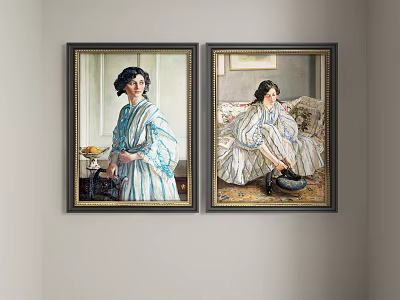 Two Framed Women Portrait Paintings In Striped Dresses On Wall Interior 3d model