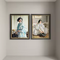 Two Framed Women Portrait Paintings In Striped Dresses On Wall Interior