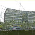 Modern Office Building With Curved Glass Curtain Wall Green Lawn And Parked Vehicles At Twilight