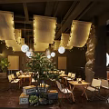 Modern Restaurant Interior Design With Decorative Ceiling Lights Bar Counter Menu Screens And Green Plants