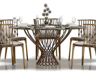Modern Glass Top Dining Table Set With Metal Frame Upholstered Chairs And Decorative Vase 3d model