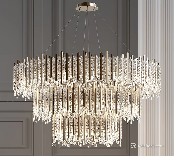 Multi Layered Crystal Chandelier With Modern Metal Frame And Hanging Crystal Pendants 3d model 
